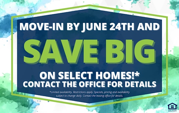 A promotional image offering a big saving on select homes if you move in by June 24th.