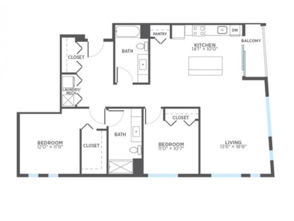 TACK 2 Bedroom 2 Bath Floor Plan at Stitchweld, MILWAUKEE, WI, 53207