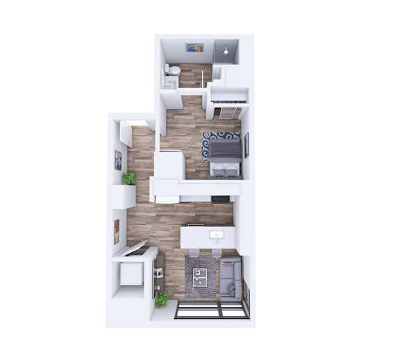 A top-down view of a small apartment with a kitchen, living room, and bedroom.