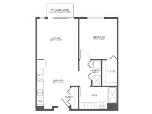 TWILL 1 Bedroom 1 Bath Floor Plan at Stitchweld, Wisconsin, 53207