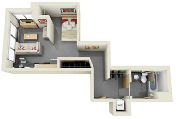 A 3D floor plan of a small apartment with a kitchen, living room, and bathroom.