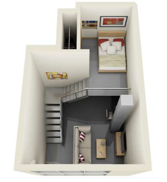 A 3D image of a small apartment with a bed, a couch, a desk, and a staircase.