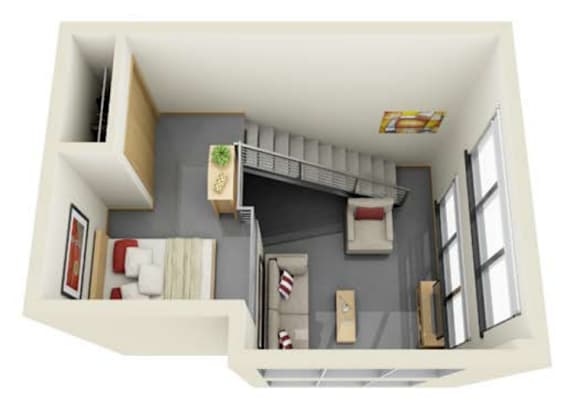 A 3D rendered image of a small apartment with a kitchen, living room, and bedroom.