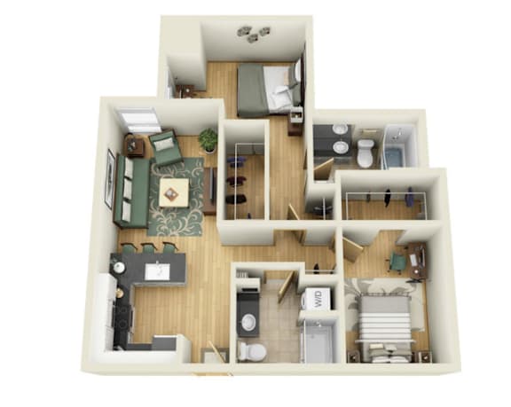 A 3D floor plan of a house with a living room, kitchen, dining room, and bedrooms.