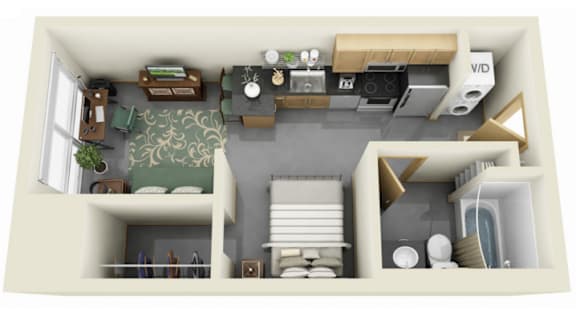 A top-down view of a small apartment with a living room, kitchen, and bathroom.