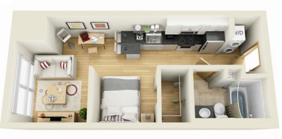 A top-down view of a small apartment with a kitchen, living room, and bedroom.