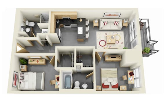 A 3D floor plan of a small apartment with a kitchen, living room, and bathroom.