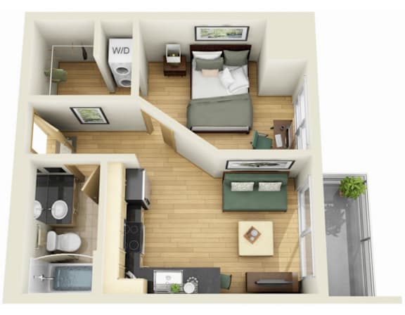 A 3D rendered image of a small apartment layout.