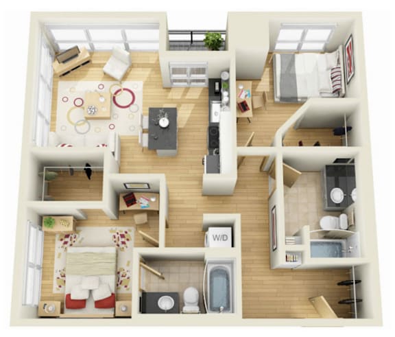 A floor plan of a house with a living room, kitchen, and bathroom.