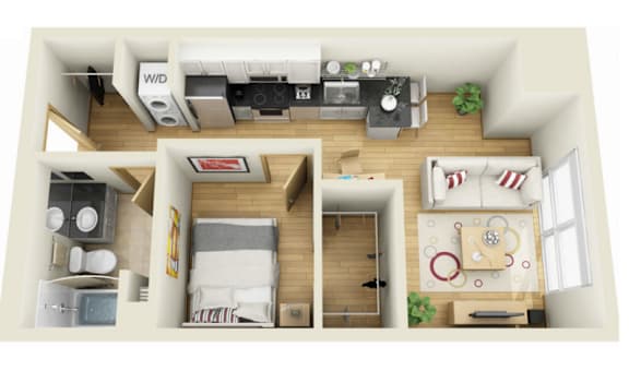 A 3D floor plan of a small apartment with a living room, kitchen, and bedroom.