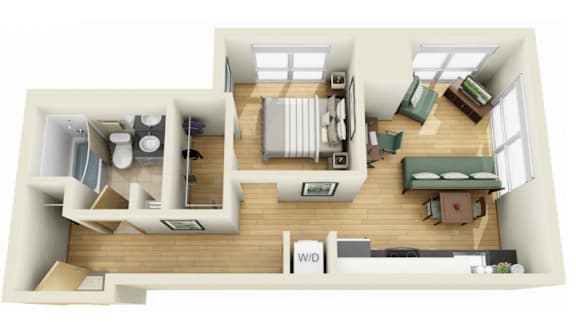 A top-down view of a small apartment with a kitchen, living room, and bedroom.