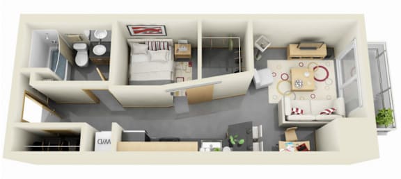 A 3D rendered image of a small apartment layout.