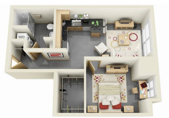 A 3D rendered image of a small apartment layout.