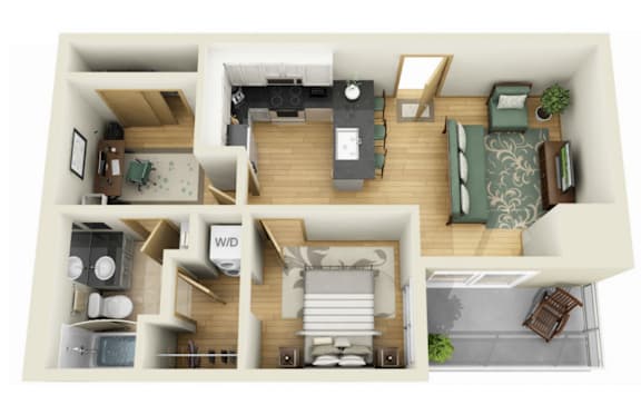 A 3D rendered image of a house layout.