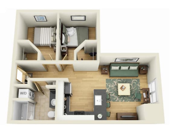 A top down view of a small apartment with a living room, kitchen, and bedroom.