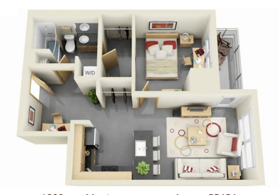 A 3D floor plan of a house with a living room, kitchen, dining room, and bedrooms.