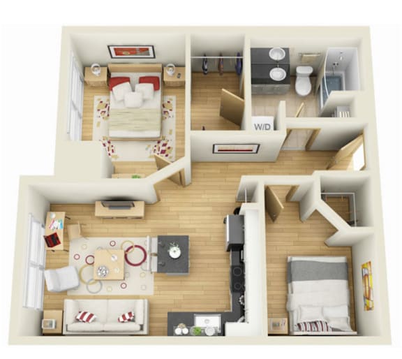 A 3D floor plan of a small apartment with two bedrooms and a living room.