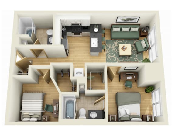 A 3D floor plan of a house with a living room, kitchen, and bathroom.