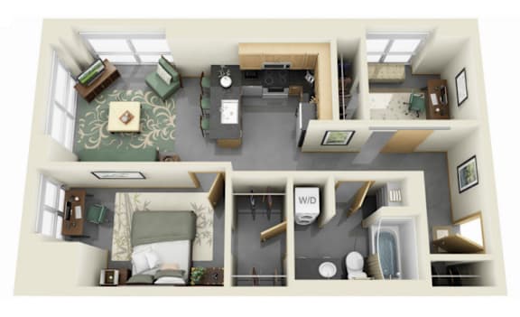 A top-down view of a small apartment with a kitchen, living room, and bathroom.