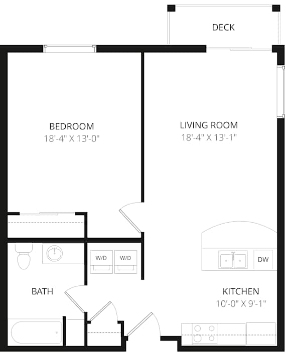 A floor plan of a small apartment with a bedroom, living room, kitchen, and bathroom.
