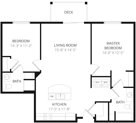 A black and white image of a house floor plan with a master bedroom, two living rooms, two bathrooms, a kitchen, and a deck.