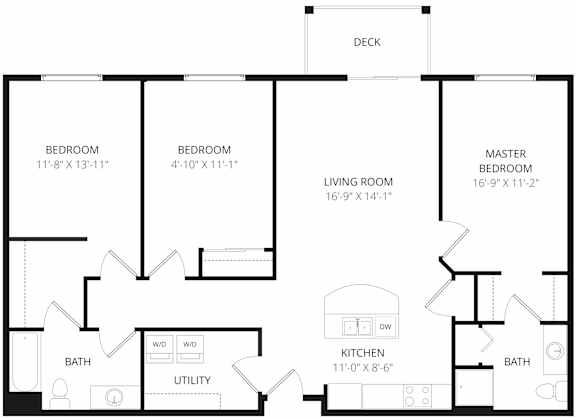 A black and white image of a house floor plan with a deck.