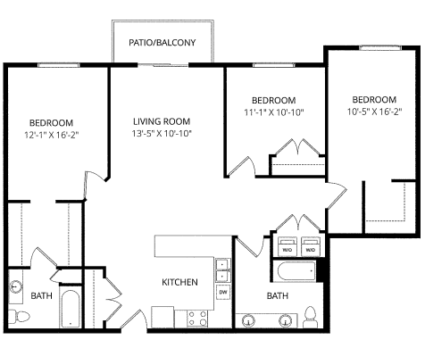 A black and white image of a house floor plan with a living room, two bedrooms, a patio/balcony, a kitchen, and two bathrooms.