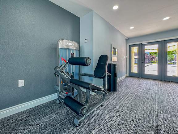 A gym room with a treadmill and a chair.