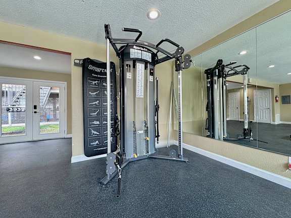 A gym with a mirror, treadmill, and weights.