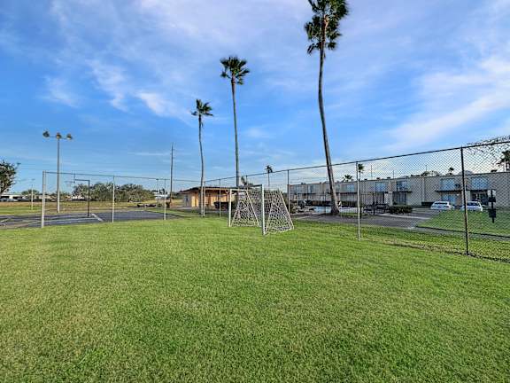 A grassy field with a goal post and palm trees.