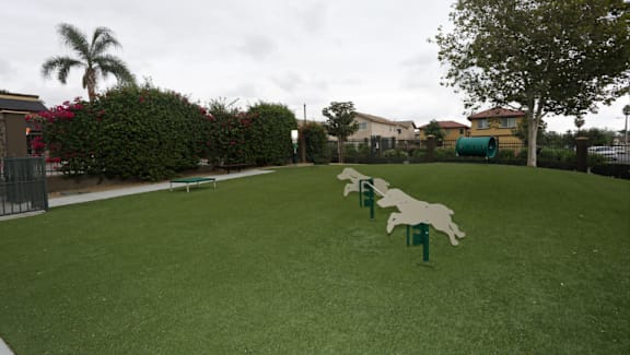 A dog park at Bella Park  with a green lawn and a row of white dog sculptures at Bella Park Apartments, Rialto, California