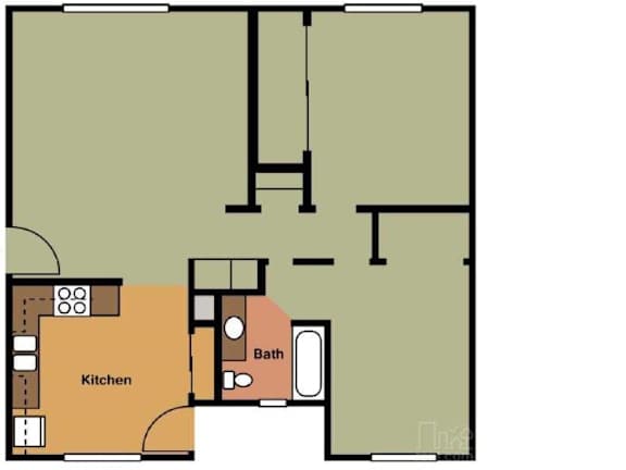 A floor plan of a house with a kitchen, bathroom, and living room.