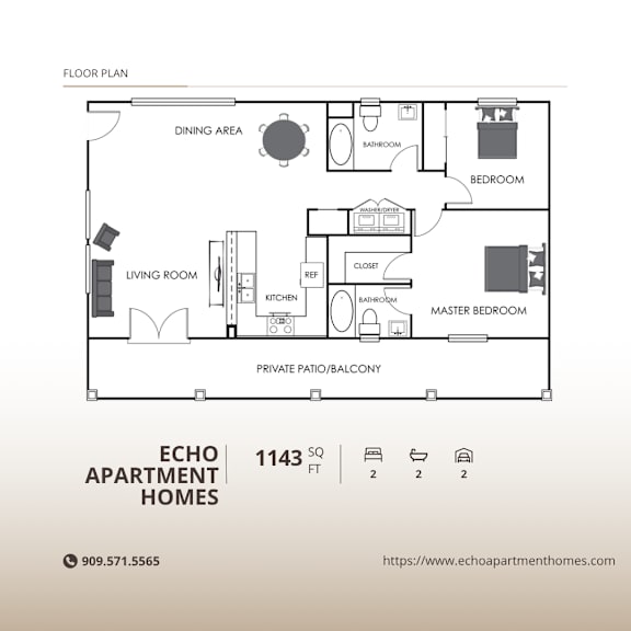 A floor plan of an apartment with a living room, dining area, kitchen, and two bedrooms.