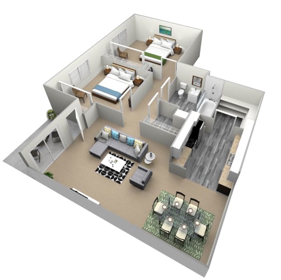 2 Bedroom 1 Bathroom Floor Plan 796 Sq.Ft. at Country Village Apartments, Jurupa Valley, CA, 91752