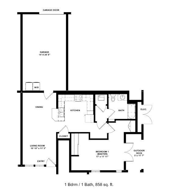 A floor plan of a one bedroom apartment with a garage.