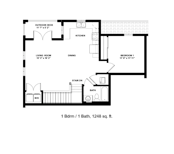 A floor plan of a one bedroom, one bath house.