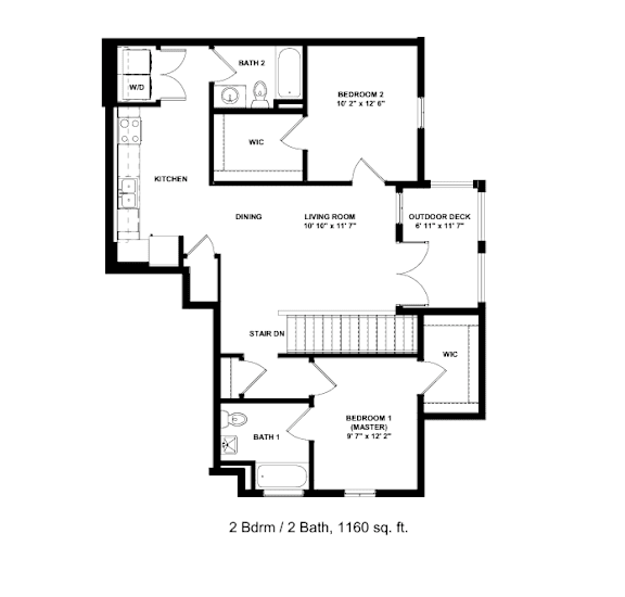 A floor plan of a two bedroom, two bathroom apartment.