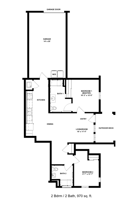 A floor plan of a house with a garage door, kitchen, dining area, living room, two bathrooms and an outdoor deck.