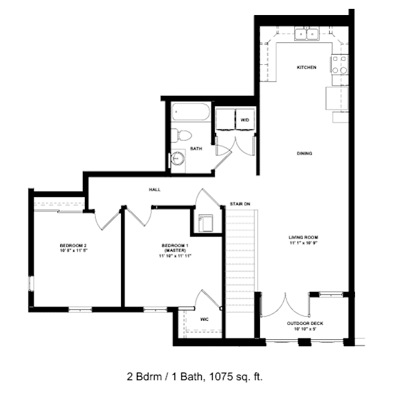 A floor plan of a 2 bedroom, 1 bath house with a living room and a dining room.
