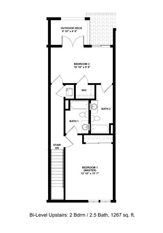 A floor plan of a two bedroom, two bathroom apartment with a balcony.