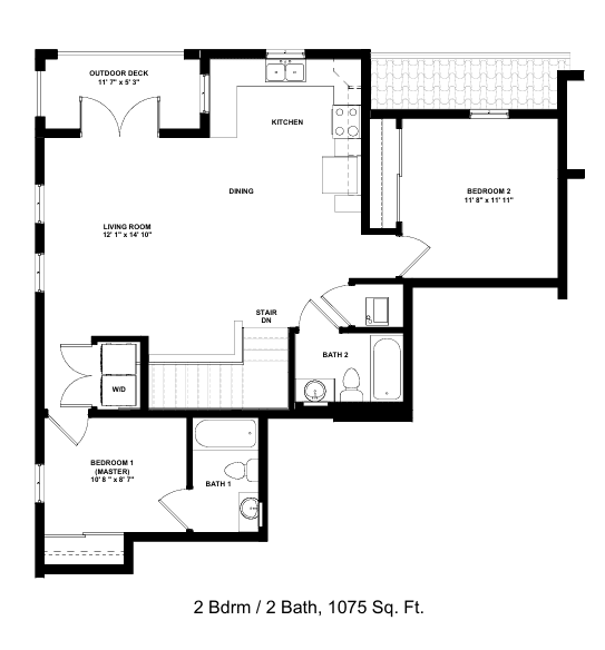 A floor plan of a 2 bedroom 2 bath house.