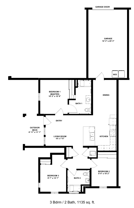 A floor plan of a house with a garage door and dimensions for each room.