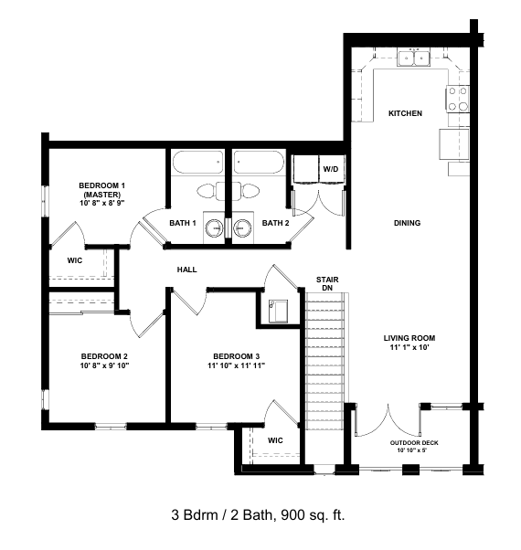 A floor plan of a 3 bedroom, 2 bathroom home with a living room and kitchen.