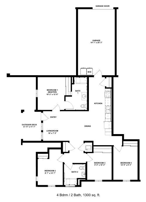 A floor plan of a house with a garage door and a bathroom.