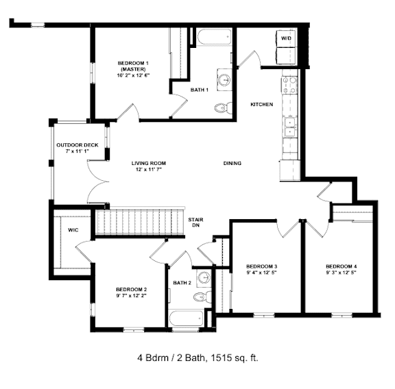 A black and white floor plan of a two-bedroom, two-bathroom apartment.
