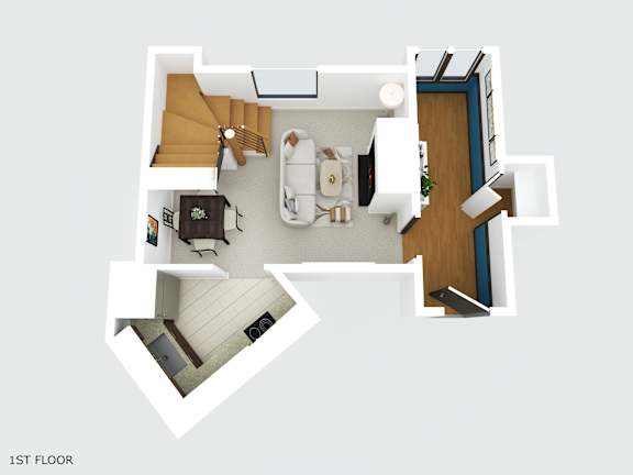 A top down view of a first floor apartment layout.