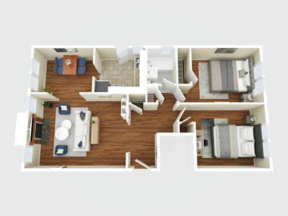 A top-down view of a modern apartment layout with a kitchen, living room, and bedrooms.