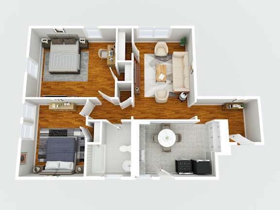 A top-down view of a small apartment with a kitchen, living room, and bedroom.