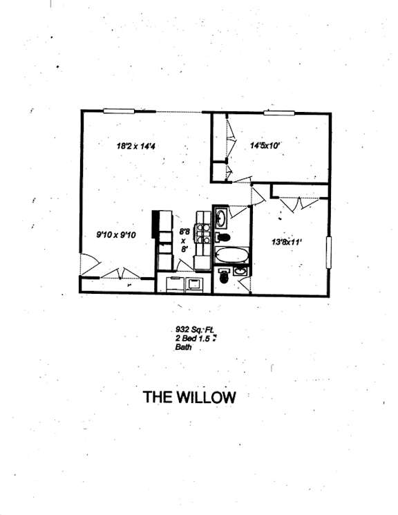 A floor plan for a 2 Bed 1.5 Bath willow.