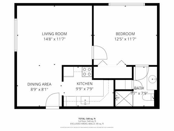 A black and white image of a floor plan for a house with a living room, bedroom, dining area, and kitchen.